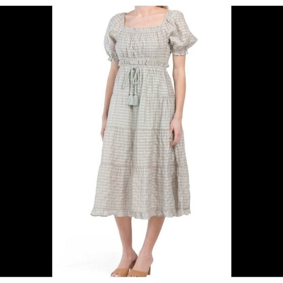 Bohme Striped Poplin Midi Dress Size M Mint Green Puff Sleeve Tiered Square Neck - Picture 1 of 16